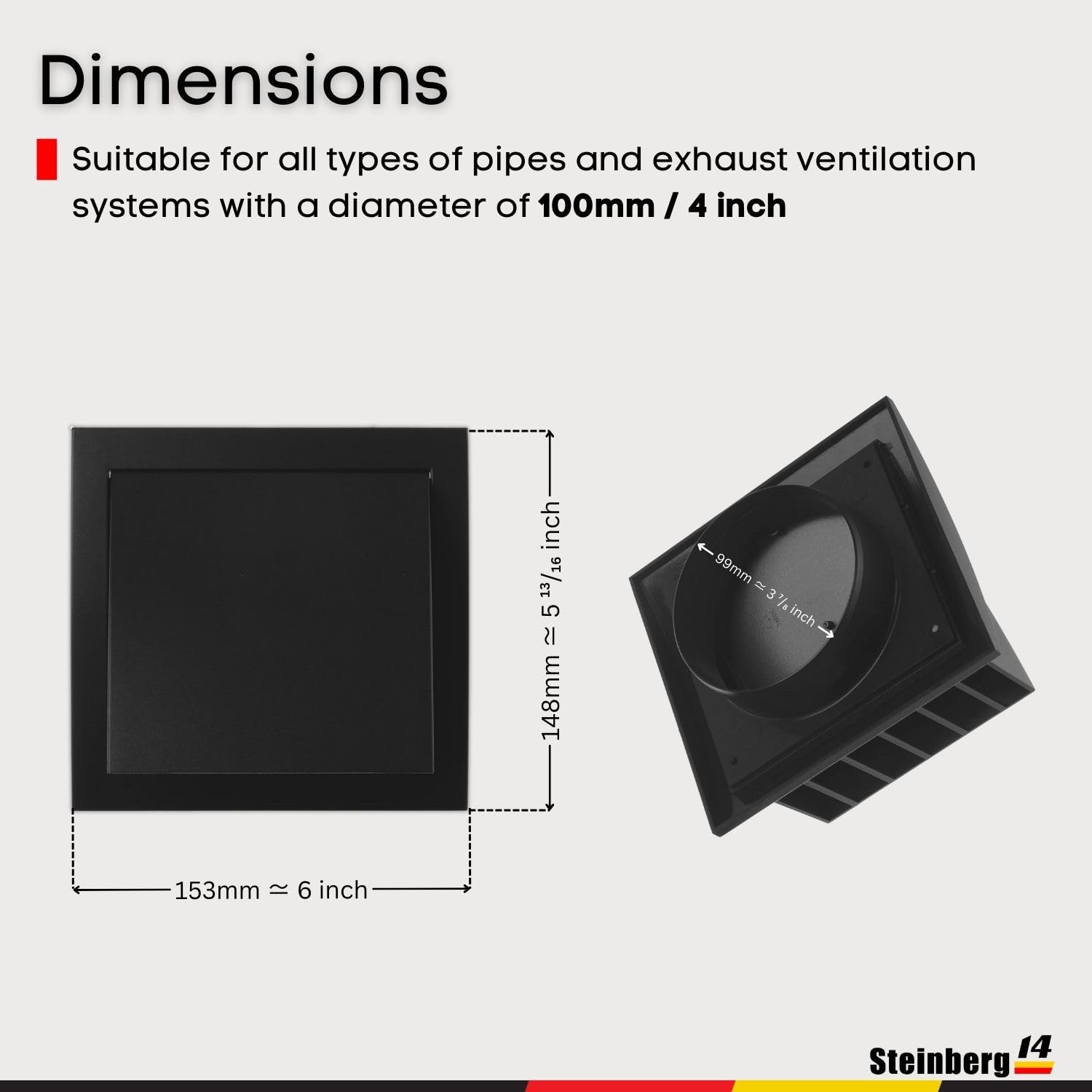 Steinberg14 Dryer Vent Cover Outside 4 inch - ABS Plastic Dryer Wall Vent Grille - Anthracite Rain Cover with Non-Return Flap - Outdoor Exhaust Dryer Vent Covers - Image 5