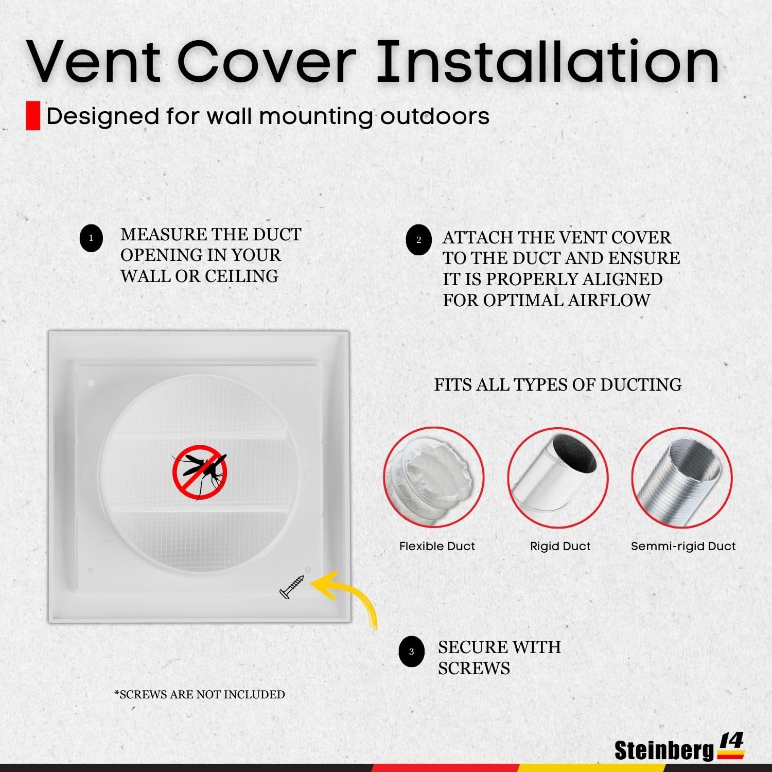 Steinberg14 Dryer Vent Cover Outside 4 inch - Louvered Outdoor Dryer Vent Cover - ABS Plastic Exhaust Ventilation Grille with Shutters and Built-in Screen - White HVAC Air Vents for Wall - Image 4