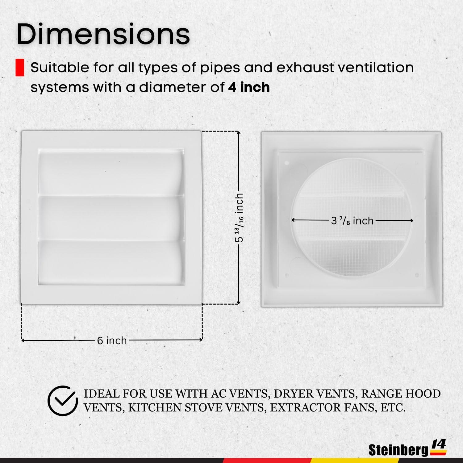 Steinberg14 Dryer Vent Cover Outside 4 inch - Louvered Outdoor Dryer Vent Cover - ABS Plastic Exhaust Ventilation Grille with Shutters and Built-in Screen - White HVAC Air Vents for Wall - Image 5