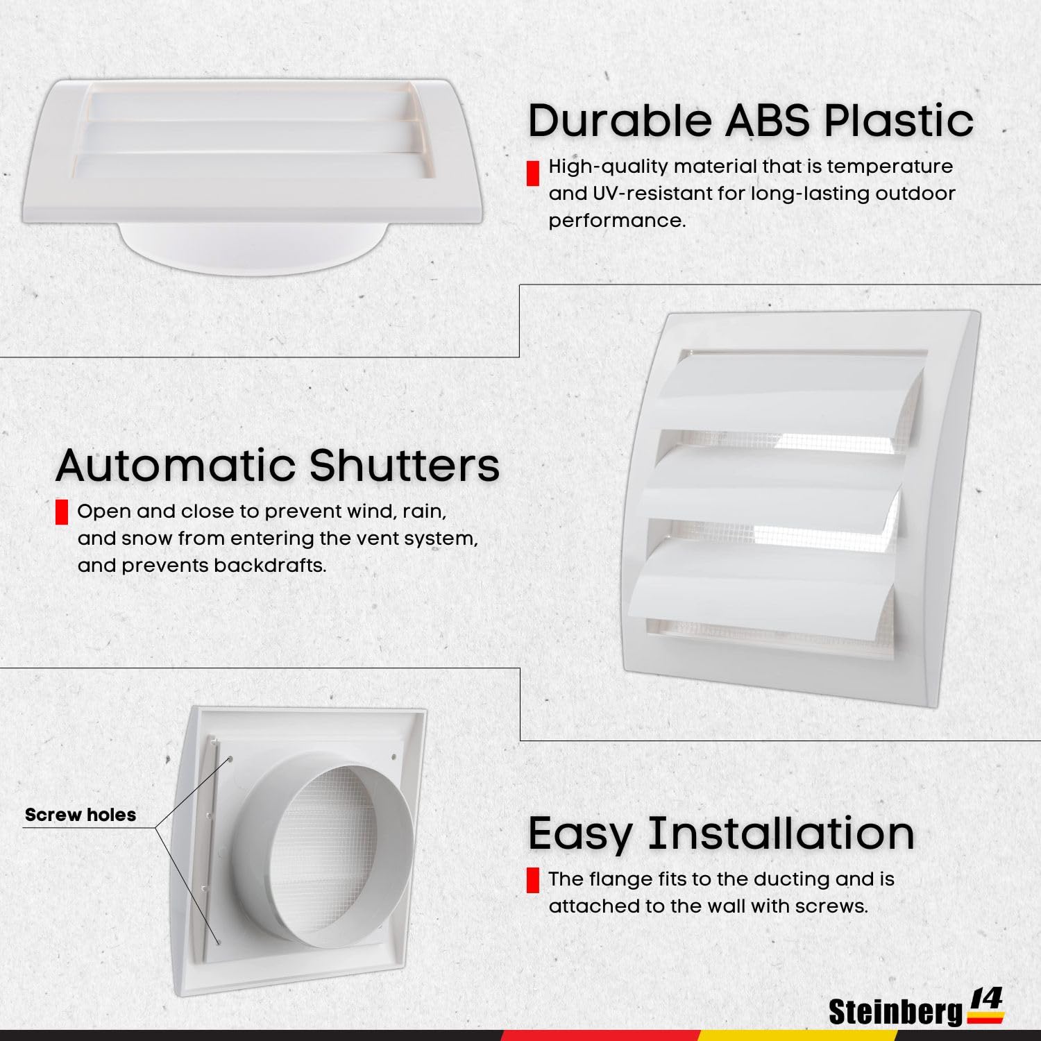 Steinberg14 Dryer Vent Cover Outside 4 inch - Louvered Outdoor Dryer Vent Cover - ABS Plastic Exhaust Ventilation Grille with Shutters and Built-in Screen - White HVAC Air Vents for Wall - Image 6