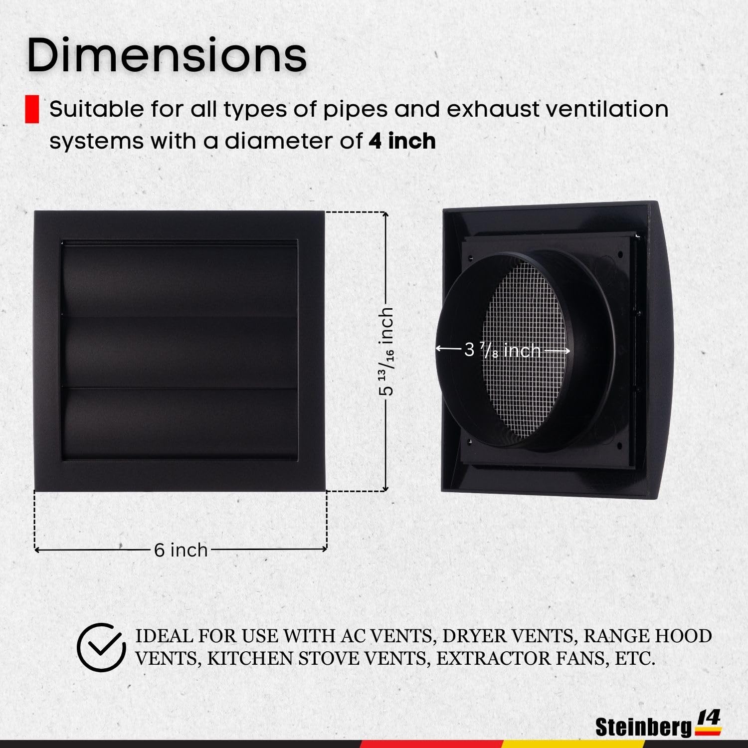 Steinberg14 Dryer Vent Cover Outside 4 inch - Louvered Outdoor Dryer Vent Cover - ABS Plastic Exhaust Ventilation Grille with Shutters and Built-in Screen - Anthracite HVAC Air Vents for Wall - Image 5