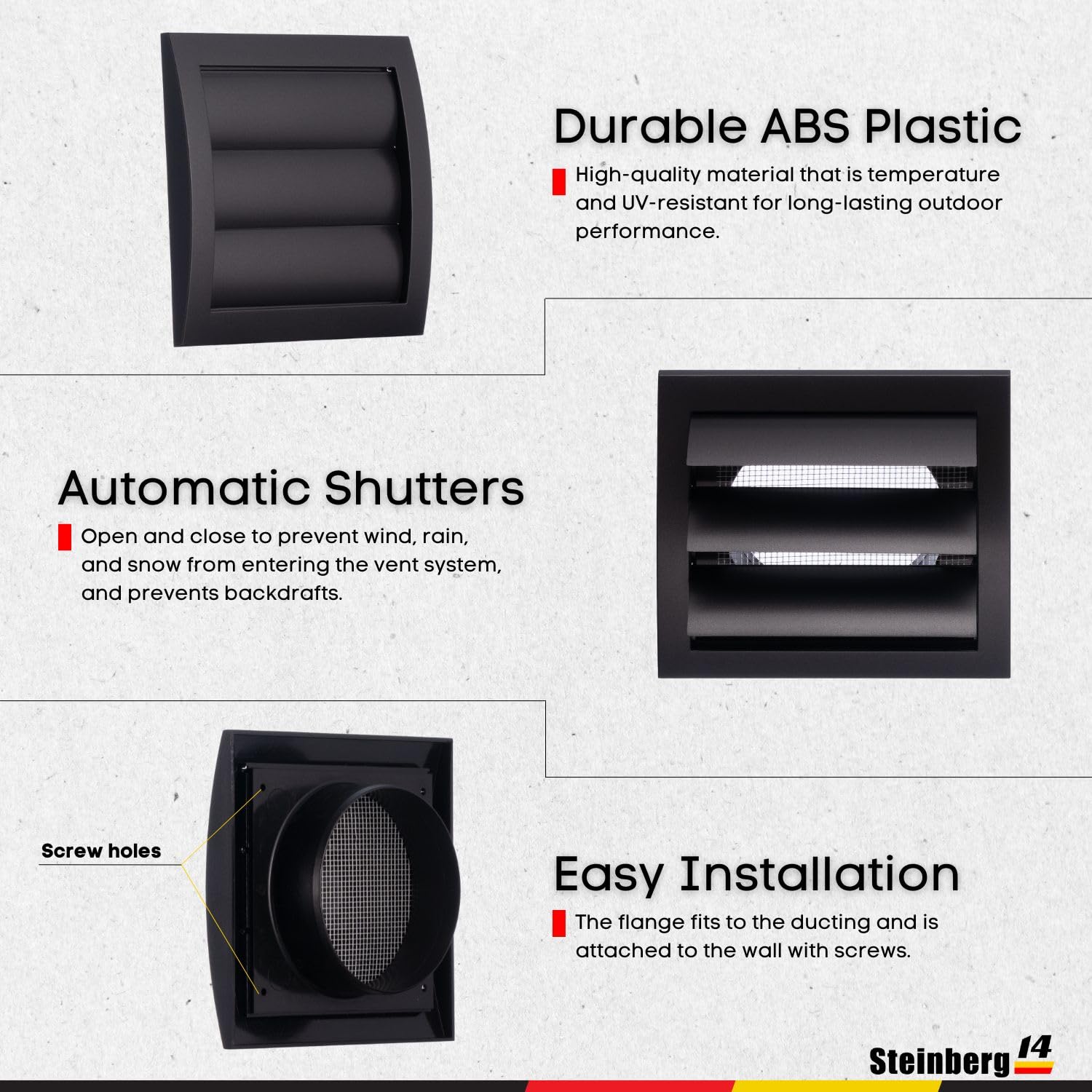 Steinberg14 Dryer Vent Cover Outside 4 inch - Louvered Outdoor Dryer Vent Cover - ABS Plastic Exhaust Ventilation Grille with Shutters and Built-in Screen - Anthracite HVAC Air Vents for Wall - Image 6
