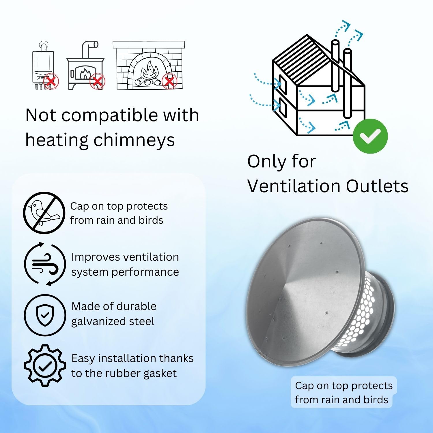 Steinberg14 Metal Roof Cowl 4 inch Exhaust Tube End - Round Roof Vent Cover - Rain Snow Hat - Vent Cowl Cap with Bird Guard - Mesh Protector - Image 6