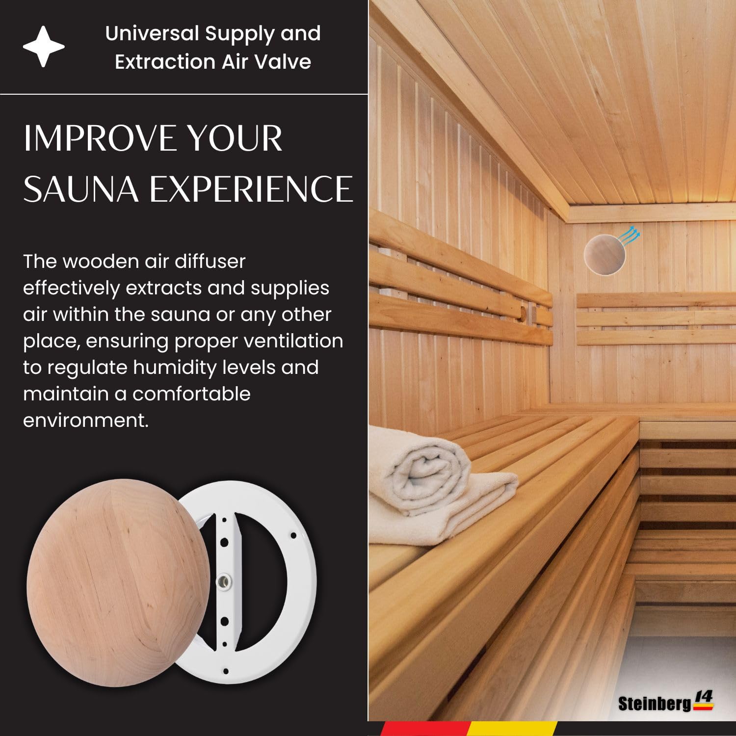 Steinberg14 (no resin) Wooden Vent Cover 4 inch - Universal Supply and Exhaust Valve - Adjustable Vent Cover - Round Wall Ceiling Vent - Wooden Air Diffuser - Sauna Vent Cover with Black Alder Wood - Image 3