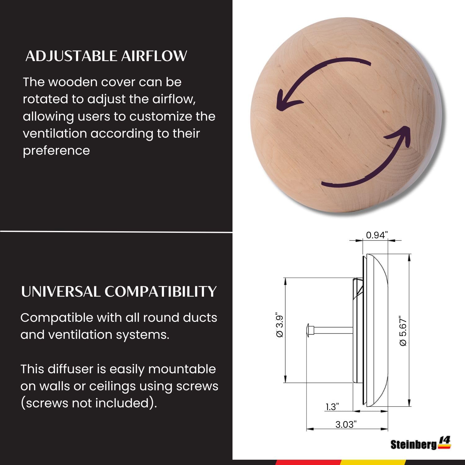 Steinberg14 (no resin) Wooden Vent Cover 4 inch - Universal Supply and Exhaust Valve - Adjustable Vent Cover - Round Wall Ceiling Vent - Wooden Air Diffuser - Sauna Vent Cover with Black Alder Wood - Image 5