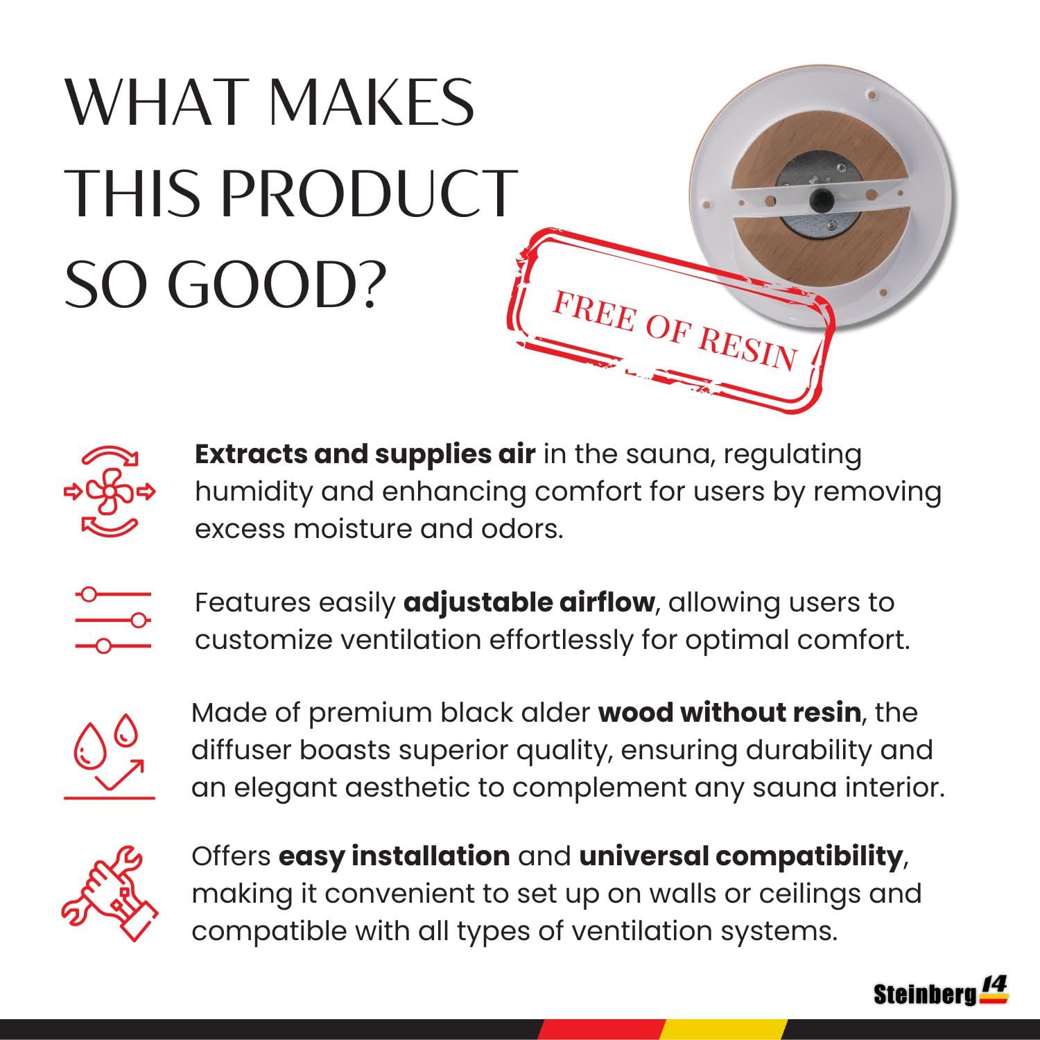 Steinberg14 (no resin) Wooden Vent Cover 4 inch - Universal Supply and Exhaust Valve - Adjustable Vent Cover - Round Wall Ceiling Vent - Wooden Air Diffuser - Sauna Vent Cover with Black Alder Wood - Image 6