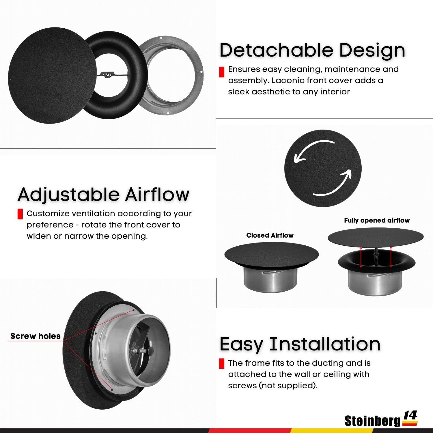 Steinberg14 Round Anthracite Metal Diffuser - 4 inch Universal Supply Exhaust Air Valve - Wall Ceiling Adjustable Vent - Extractor Fan Vent Cover - Ventilation Grille for Bathroom Kitchen - Image 6