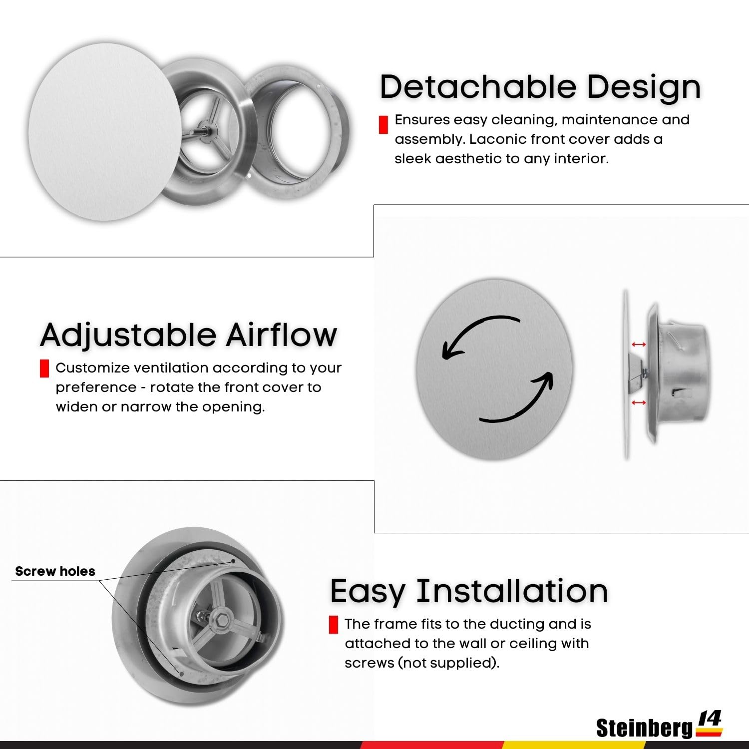 Steinberg14 Stainless Steel Air Vent Diffuser - 4 inch Vent Cover - Metal Adjustable Air Vent Covers - Supply Exhaust Wall Air Valve - Round Ceiling Diffuser - Extractor Fan Vent Cover - Image 6