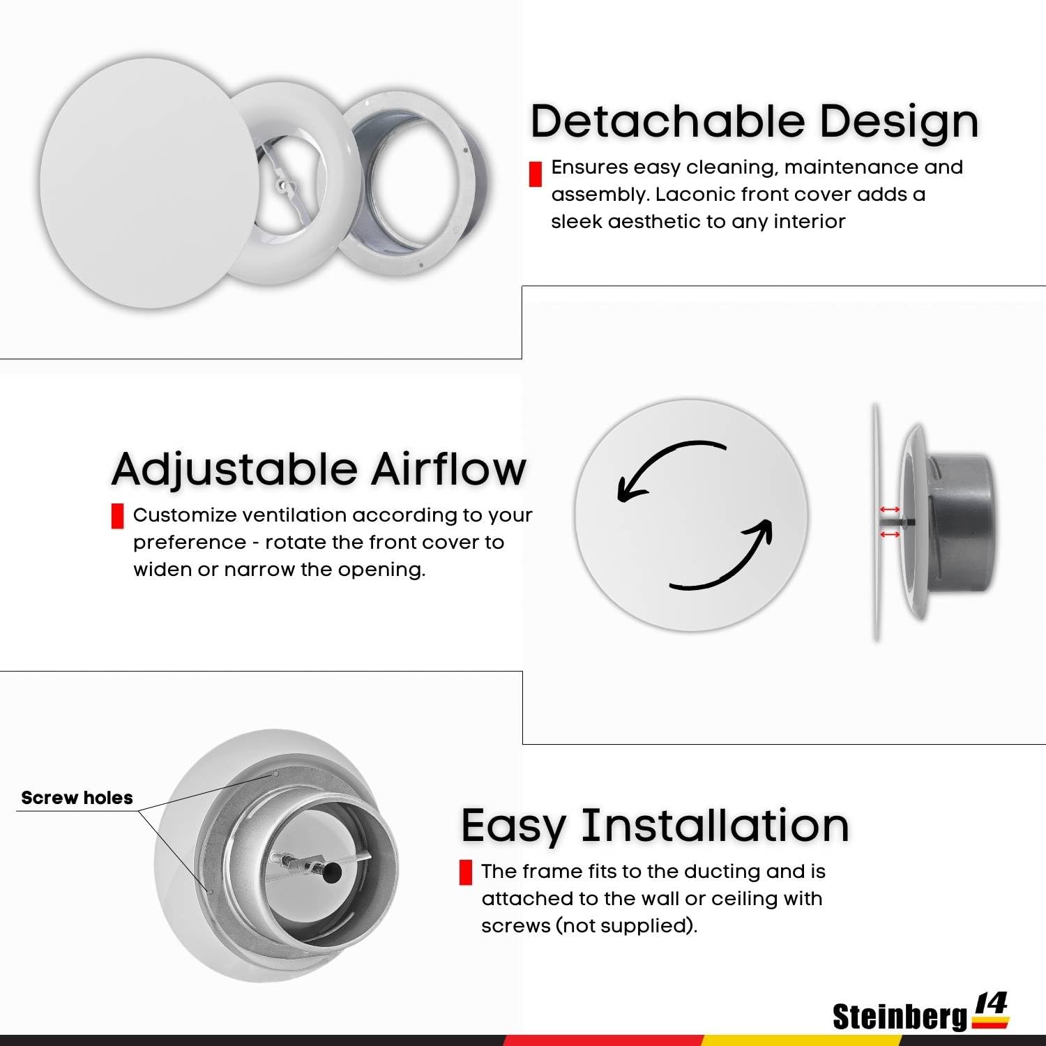 Steinberg14 White Air Vent Diffuser - 4 inch Vent Cover - Metal Adjustable Air Vent Covers - Supply Exhaust Wall Air Valve - Round Ceiling Diffuser - Extractor Fan Vent Cover - Round Soffit Vent - Image 6