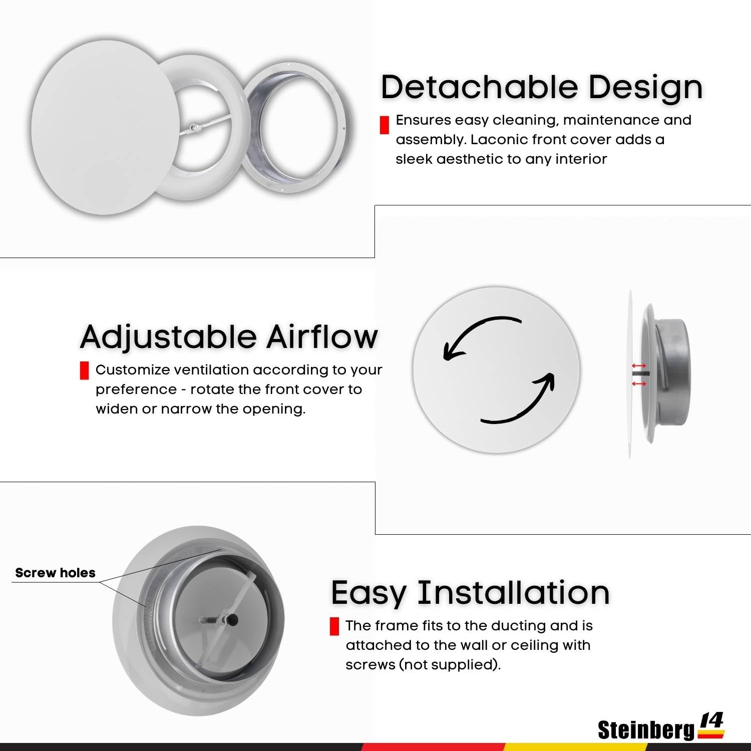 Steinberg14 White Air Vent Diffuser - 6.3 inch Vent Cover - Metal Adjustable Air Vent Covers - Supply Exhaust Wall Air Valve - Round Ceiling Diffuser - Extractor Fan Vent Cover - Round Soffit Vent - Image 6